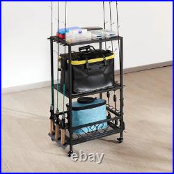 10 Pole Fishing Rod Holder Fishing Rack Cart Organizer with Wheels for Garage