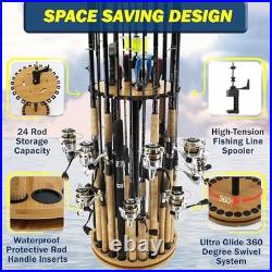 24-Rod Fishing Rod Holder 360° Rotating Built-in Spooler 14.75x37.75 Light