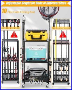 3-Layer Fishing Pole Rack for Indoor & Garage Height Adjustable for 10 Rods
