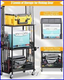 3-Layer Fishing Pole Rack for Indoor & Garage Height Adjustable for 10 Rods