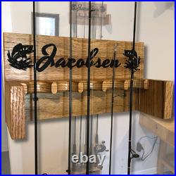 5 Rod Fishing Pole Holder Solid Oak Wall Rack Lakehouse Garage