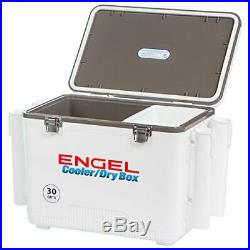 Engel Leak Proof Outdoor Camping Cooler/Dry Box 30 Qt with Rod Holders White