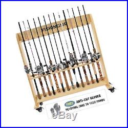 FISHINGSIR Wood Fishing Rod Rack with Wheels- up to 28 Rods Holder Vertical L