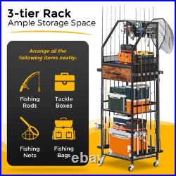 Fishing Rod Holder Organizer with Fabric Drawer & Pegboard, Space-Saving Gara Fishing Rod Holder Organizer with Fabric Drawer & Pegboard, Space-Saving Gara