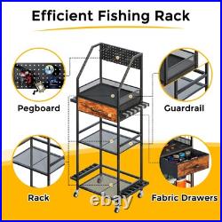 Fishing Rod Holder Organizer with Fabric Drawer & Pegboard, Space-Saving Gara Fishing Rod Holder Organizer with Fabric Drawer & Pegboard, Space-Saving Gara