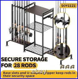 Fishing Rod Holder Stand for 28 Rods 3 Sided Vertical Rack Garage Storage Tackle