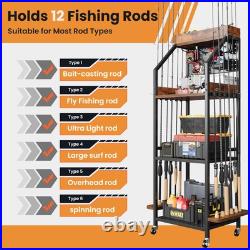 Fishing Rod Holder for Garage with Hooks & Pegboard, 3-Tier Fishing Pole Rack