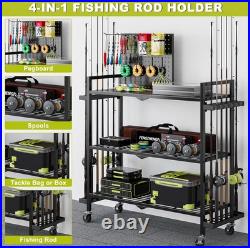 Fishing Rod Holders for Garage, Fishing Rod Stand with Wheels and Pegboard, 3-Ti Fishing Rod Holders for Garage, Fishing Rod Stand with Wheels and Pegboard, 3-Ti