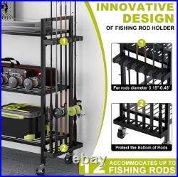 Fishing Rod Holders for Garage, Fishing Rod Stand with Wheels and Pegboard, 3-Ti Fishing Rod Holders for Garage, Fishing Rod Stand with Wheels and Pegboard, 3-Ti