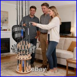 Fishing Rod Rack 360 Degree Rotating Wood Pole Holder Fishing Gear 12 Holes