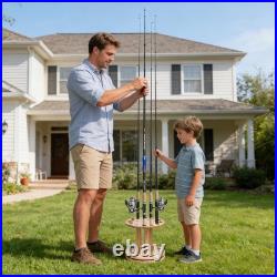 Fishing Rod Rack 360 Degree Rotating Wood Pole Holder Fishing Gear 12 Holes