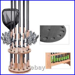 Fishing Rod Rack 360 Degree Rotating Wood Pole Holder Fishing Gear 12 Holes