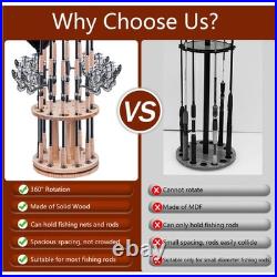 Fishing Rod Rack 360 Degree Rotating Wood Pole Holder Fishing Gear 12 Holes
