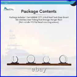 MARINE CITY Teak Base 4-Rod Reel Board Fishing Rod Hanger Rack