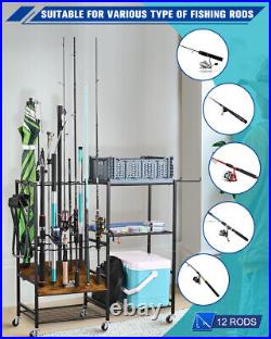 Mythinglogic Fishing Rod Holders for Garage, 12-Rod Fishing Pole Rack Cart with