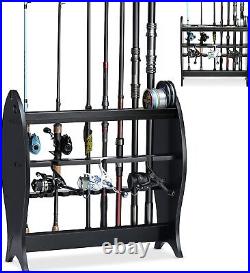 Wood Fishing Rod Pole Holders Fish Tools Reel 9Rods Storage Tactical Garage Rack