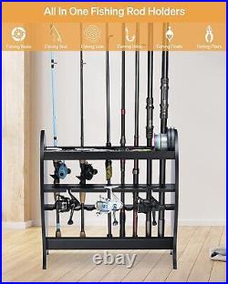 Wood Fishing Rod Pole Holders Fish Tools Reel 9Rods Storage Tactical Garage Rack