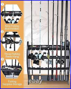 Wood Fishing Rod Pole Holders Fish Tools Reel 9Rods Storage Tactical Garage Rack