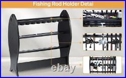 Wood Fishing Rod Pole Holders Fish Tools Reel 9Rods Storage Tactical Garage Rack