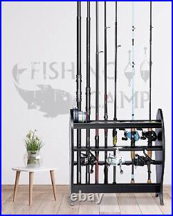 Wood Fishing Rod Pole Holders Fish Tools Reel 9Rods Storage Tactical Garage Rack