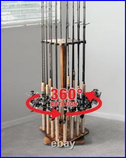 Wooden 360-Degree Rod Rack Floor Stand Holds Up to 16 Rods