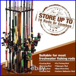Wooden 360-Degree Rod Rack Floor Stand Holds Up to 16 Rods